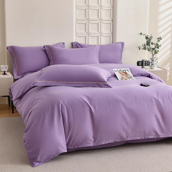 91家纺网 家纺一手货源 找家纺 宇彬家纺 2026直播热爆新款A类13374全棉母婴级一字绣宽边枕套被套纯色单被套贡缎新疆长绒匹马棉轻奢可定做 一字绣-典雅紫