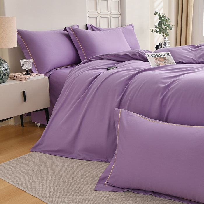 91家纺网 家纺一手货源 找家纺 宇彬家纺 2026直播热爆新款A类13374全棉母婴级一字绣宽边枕套被套纯色单被套贡缎新疆长绒匹马棉轻奢可定做 一字绣-典雅紫