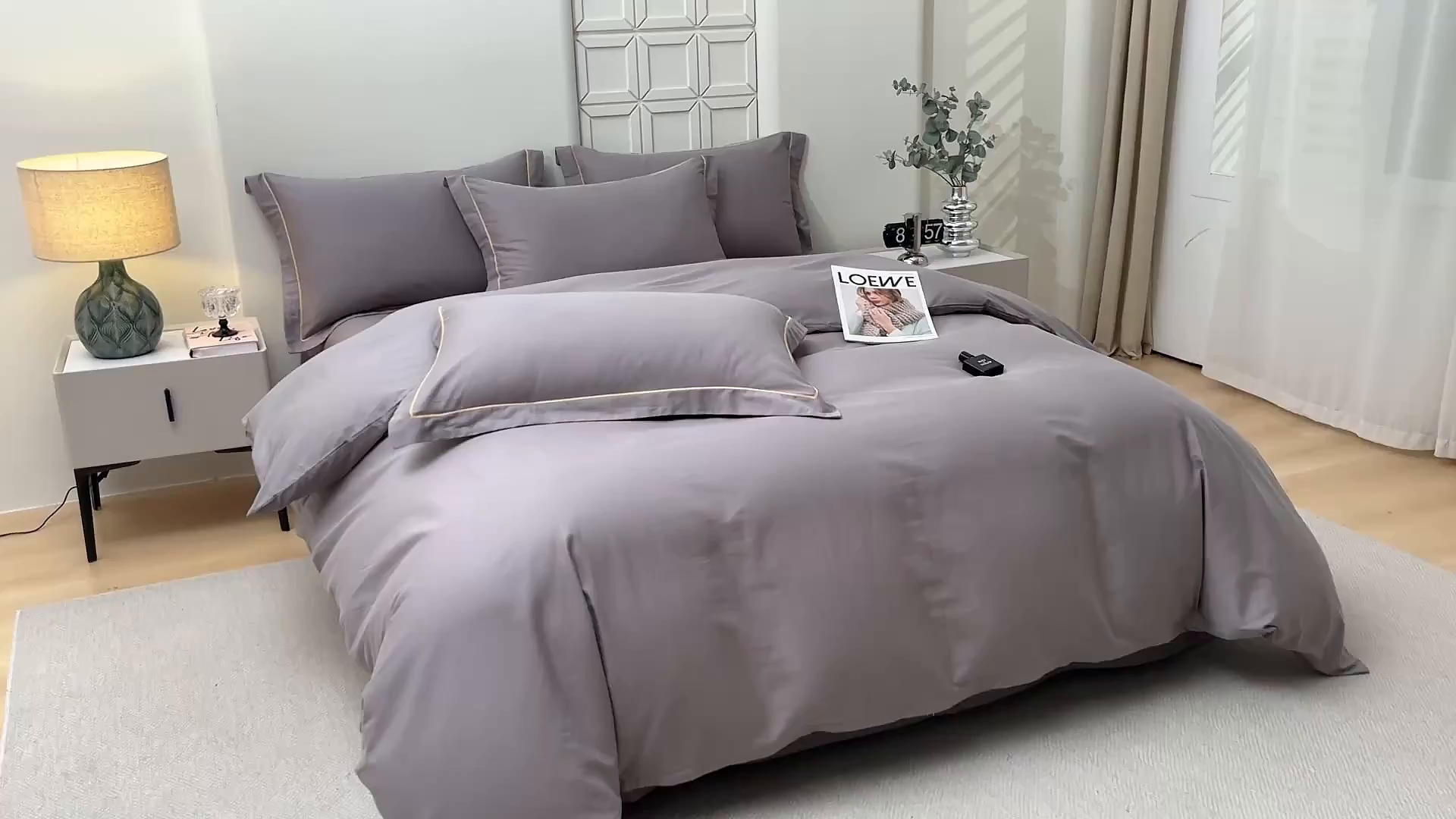 91家纺网 家纺一手货源 找家纺 宇彬家纺 2026直播热爆新款A类13374全棉母婴级一字绣宽边枕套被套纯色单被套贡缎新疆长绒匹马棉轻奢可定做 一字绣-绅士灰