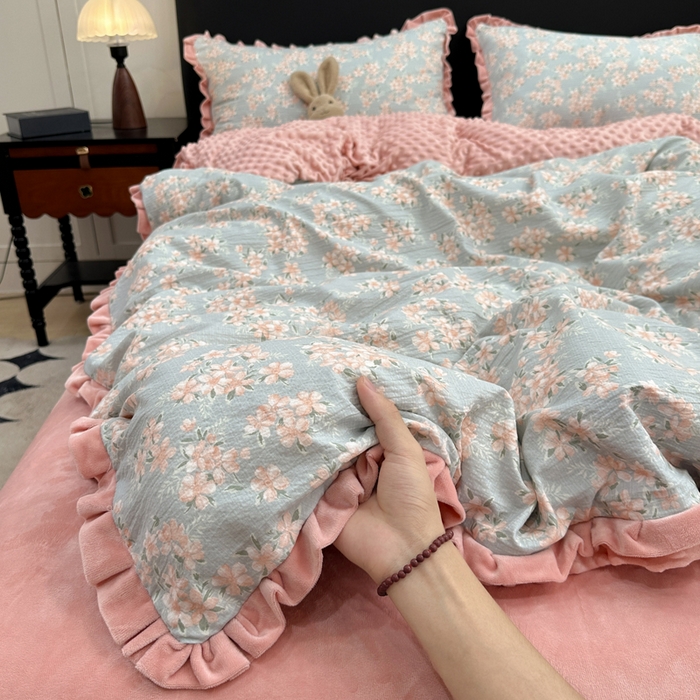 91家纺网 家纺一手货源 找家纺 一比一家纺 2025新款保暖舒适云感纱➕绒加绒四件套 兰亭序