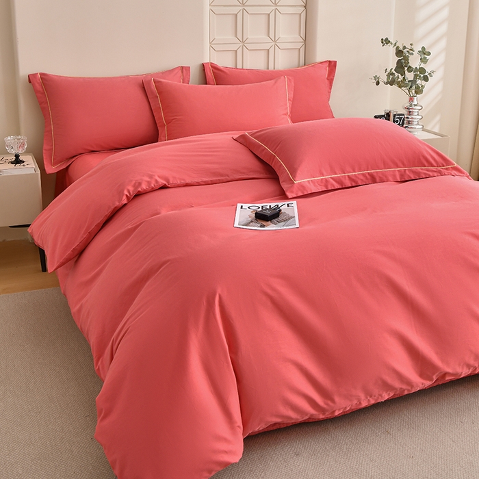 91家纺网 家纺一手货源 找家纺 宇彬家纺 2026直播热爆新款A类13374全棉母婴级一字绣宽边枕套被套纯色单被套贡缎新疆长绒匹马棉轻奢可定做 一字绣-宝石红