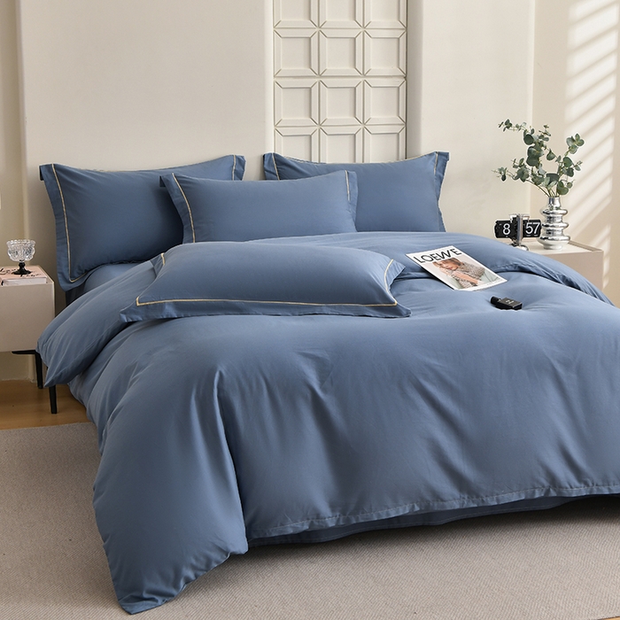 91家纺网 家纺一手货源 找家纺 宇彬家纺 2026直播热爆新款A类13374全棉母婴级一字绣宽边枕套被套纯色单被套贡缎新疆长绒匹马棉轻奢可定做 一字绣-宾利蓝