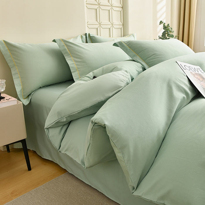 91家纺网 家纺一手货源 找家纺 宇彬家纺 2026直播热爆新款A类13374全棉母婴级一字绣宽边枕套被套纯色单被套贡缎新疆长绒匹马棉轻奢可定做 一字绣-炫彩绿