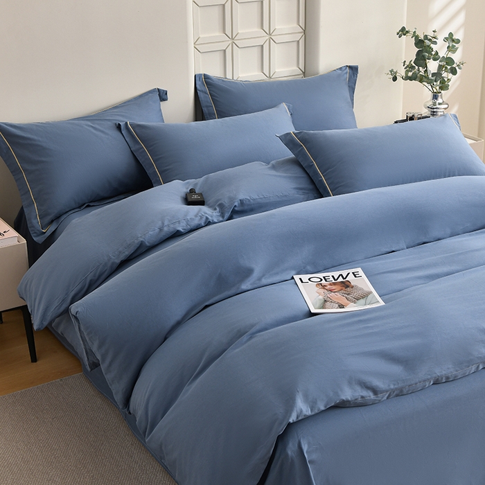 91家纺网 家纺一手货源 找家纺 宇彬家纺 2026直播热爆新款A类13374全棉母婴级一字绣宽边枕套被套纯色单被套贡缎新疆长绒匹马棉轻奢可定做 一字绣-宾利蓝