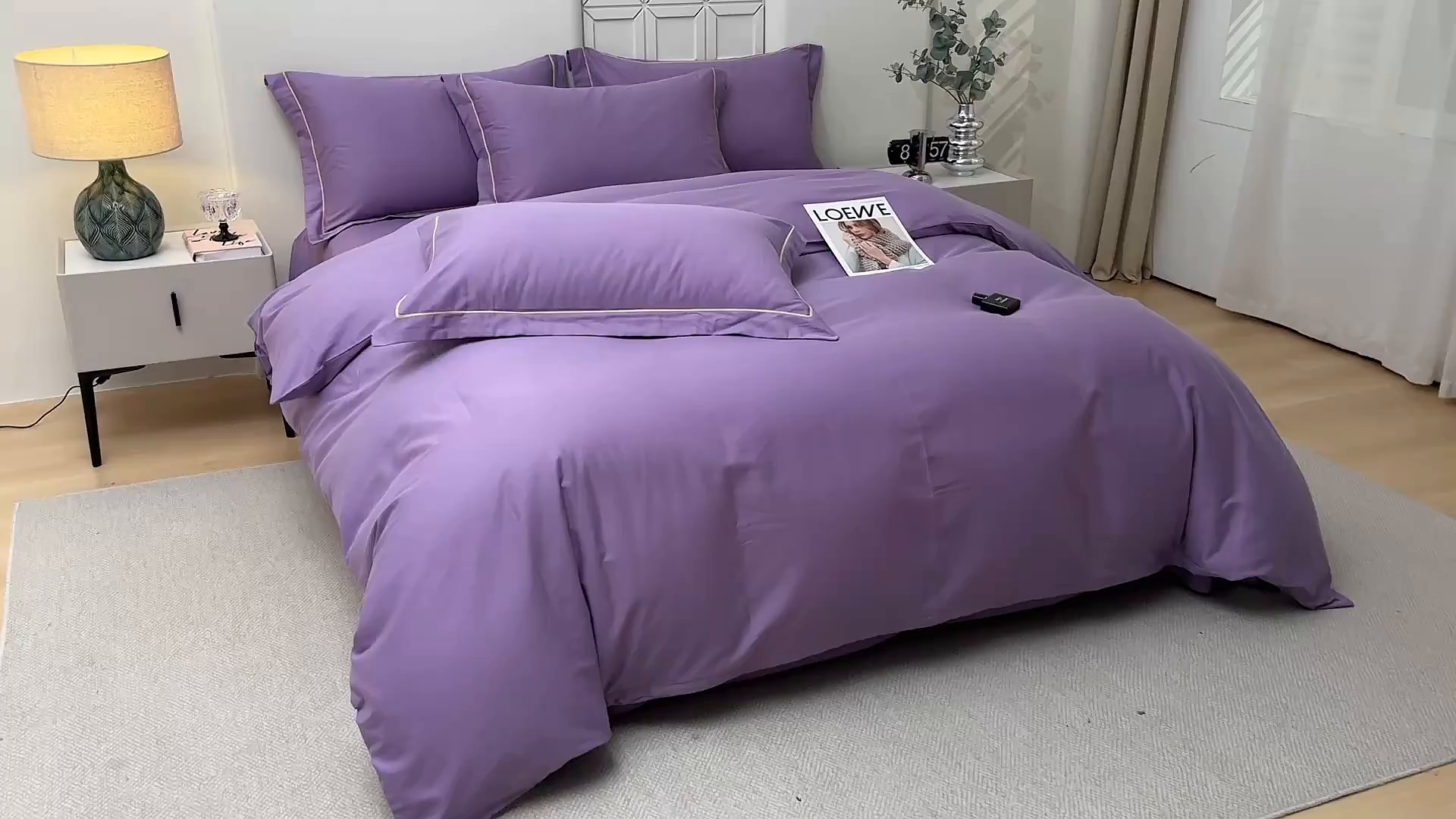 91家纺网 家纺一手货源 找家纺 宇彬家纺 2026直播热爆新款A类13374全棉母婴级一字绣宽边枕套被套纯色单被套贡缎新疆长绒匹马棉轻奢可定做 一字绣-典雅紫