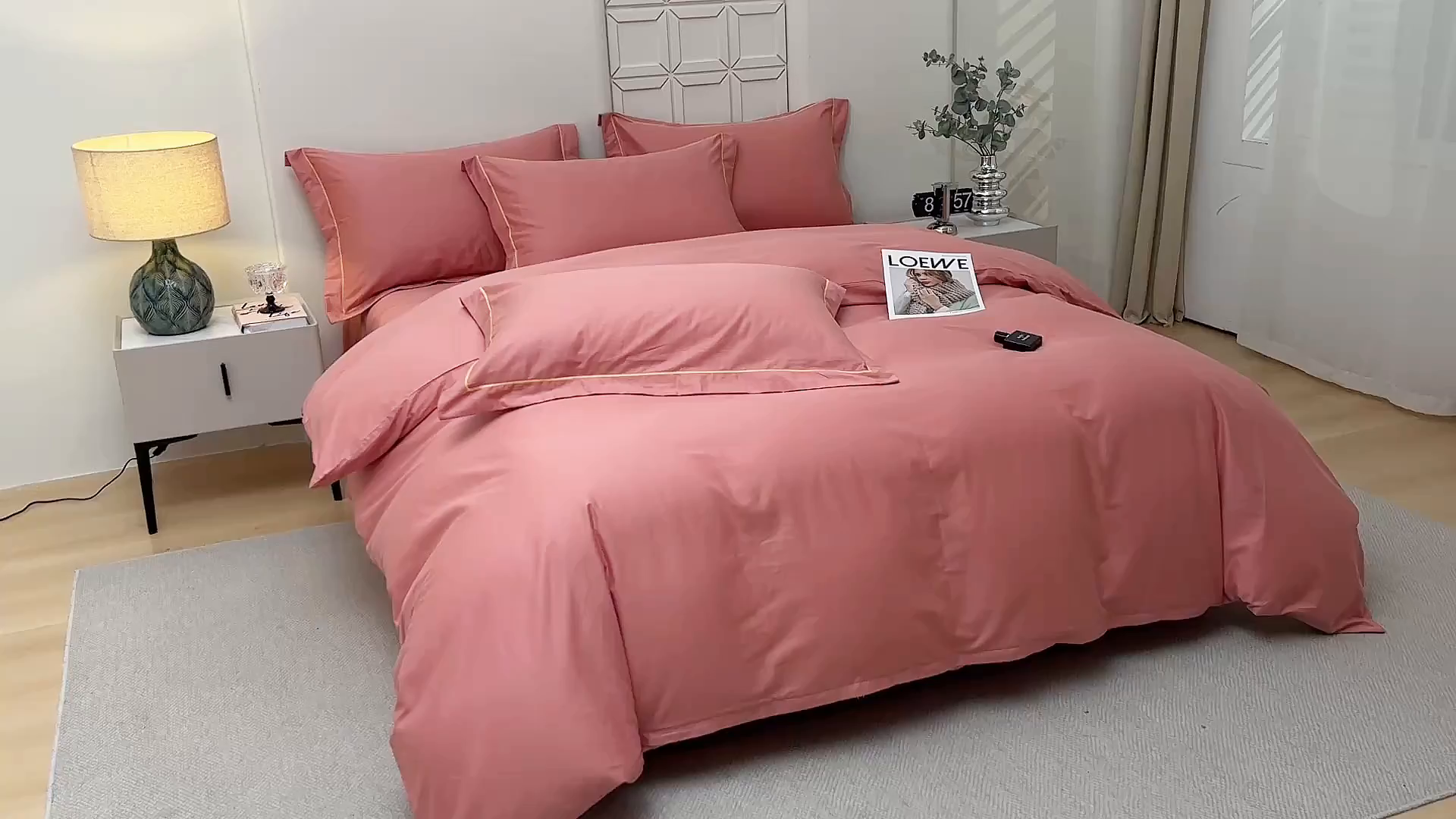 91家纺网 家纺一手货源 找家纺 宇彬家纺 2026直播热爆新款A类13374全棉母婴级一字绣宽边枕套被套纯色单被套贡缎新疆长绒匹马棉轻奢可定做 一字绣-奶油粉