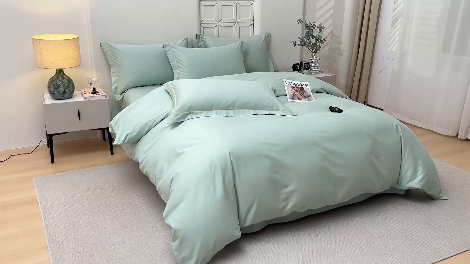 91家纺网 家纺一手货源 找家纺 宇彬家纺 2026直播热爆新款A类13374全棉母婴级一字绣宽边枕套被套纯色单被套贡缎新疆长绒匹马棉轻奢可定做 一字绣-炫彩绿