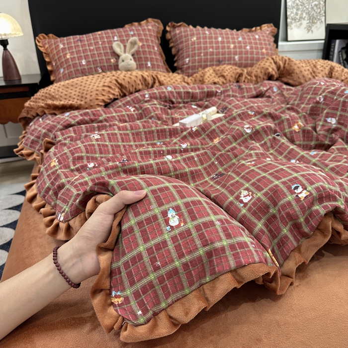 91家纺网 家纺一手货源 找家纺 一比一家纺 2025新款保暖舒适云感纱➕绒加绒四件套 冬日暖阳