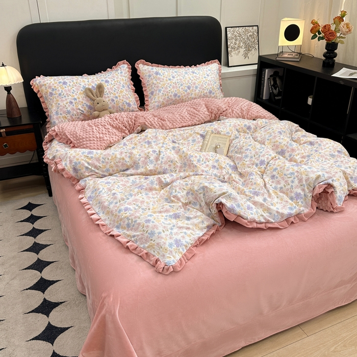 91家纺网 家纺一手货源 找家纺 一比一家纺 2025新款保暖舒适云感纱➕绒加绒四件套 花漾