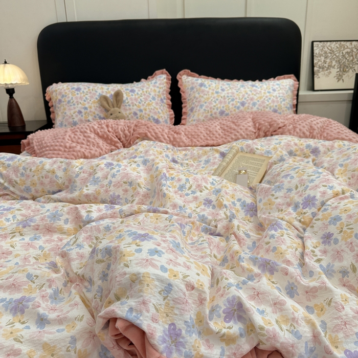 91家纺网 家纺一手货源 找家纺 一比一家纺 2025新款保暖舒适云感纱➕绒加绒四件套 花漾