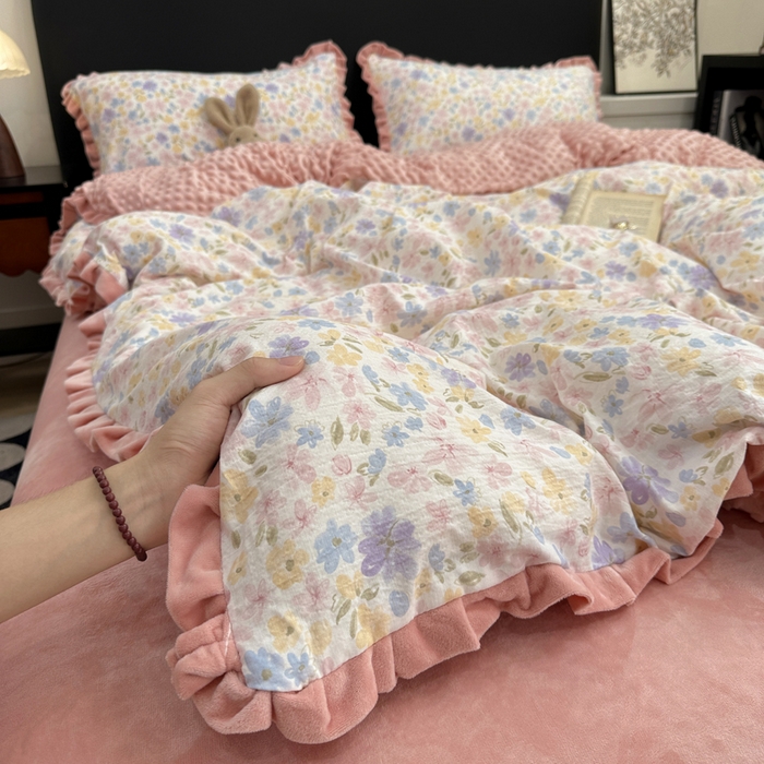 91家纺网 家纺一手货源 找家纺 一比一家纺 2025新款保暖舒适云感纱➕绒加绒四件套 花漾