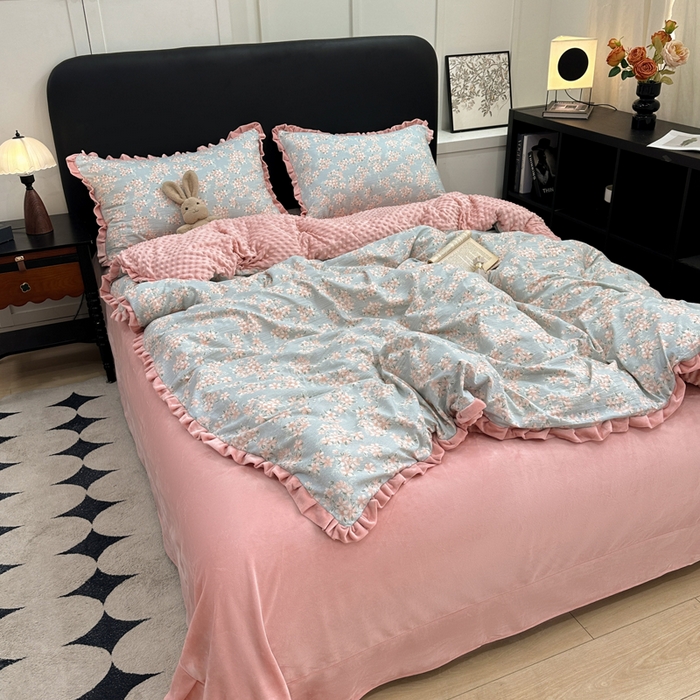 91家纺网 家纺一手货源 找家纺 一比一家纺 2025新款保暖舒适云感纱➕绒加绒四件套 兰亭序