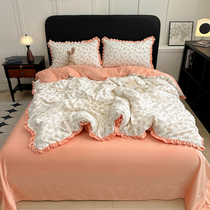 91家纺网 家纺一手货源 找家纺 一比一家纺 2025新款保暖舒适云感纱➕绒加绒四件套 闲趣花开