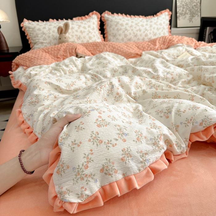 91家纺网 家纺一手货源 找家纺 一比一家纺 2025新款保暖舒适云感纱➕绒加绒四件套 闲趣花开