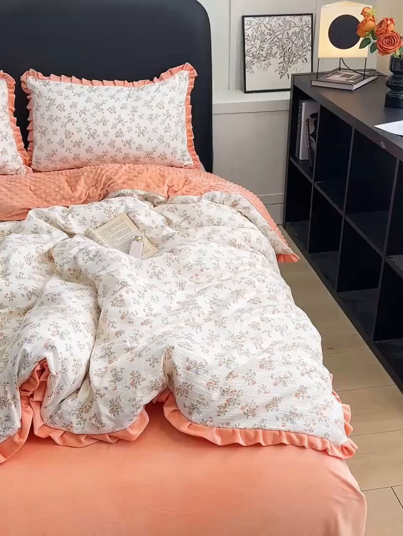 91家纺网 家纺一手货源 找家纺 一比一家纺 2025新款保暖舒适云感纱➕绒加绒四件套 闲趣花开