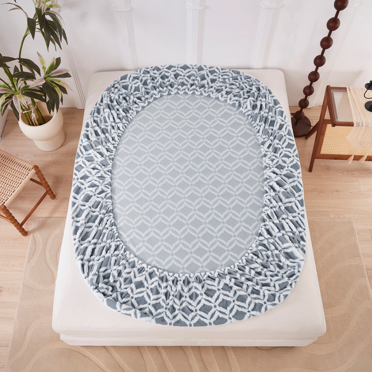 91家纺网 家纺一手货源 找家纺 云玲时尚 2025新款阳离子塔芙绒床笠 菱格灰