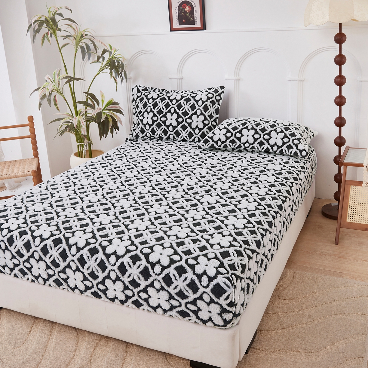 91家纺网 家纺一手货源 找家纺 云玲时尚 2025新款阳离子塔芙绒床笠 山茶黑