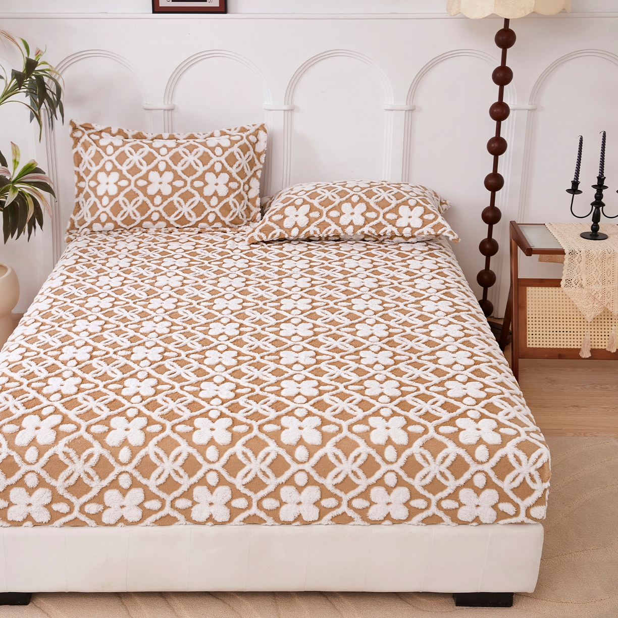 91家纺网 家纺一手货源 找家纺 云玲时尚 2025新款阳离子塔芙绒床笠 山茶卡其