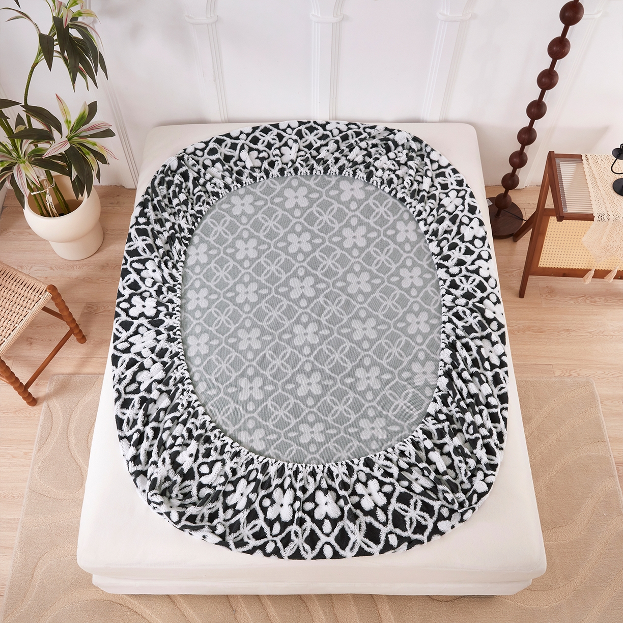 91家纺网 家纺一手货源 找家纺 云玲时尚 2025新款阳离子塔芙绒床笠 山茶黑