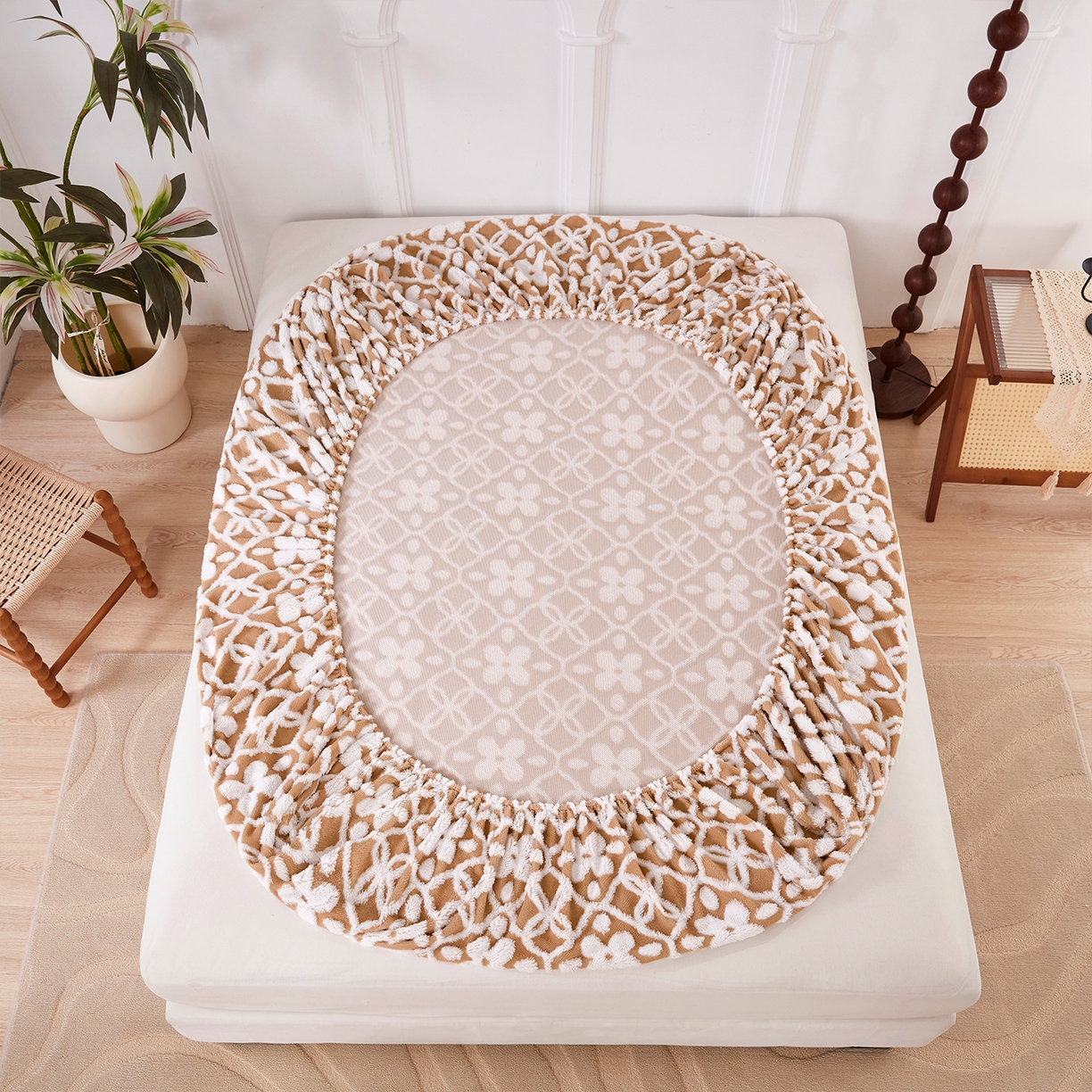 91家纺网 家纺一手货源 找家纺 云玲时尚 2025新款阳离子塔芙绒床笠 山茶卡其