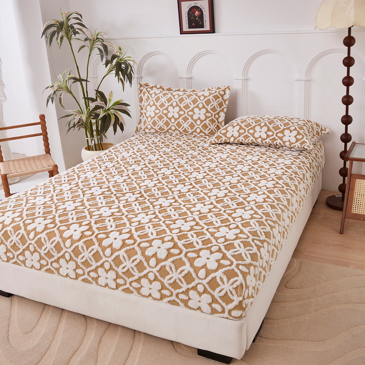 91家纺网 家纺一手货源 找家纺 云玲时尚 2025新款阳离子塔芙绒床笠 山茶卡其