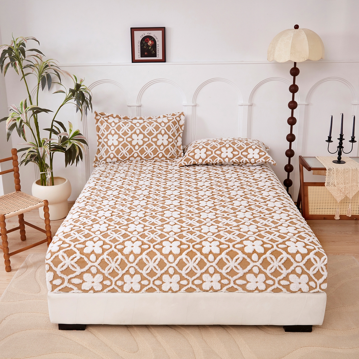 91家纺网 家纺一手货源 找家纺 云玲时尚 2025新款阳离子塔芙绒床笠 山茶卡其