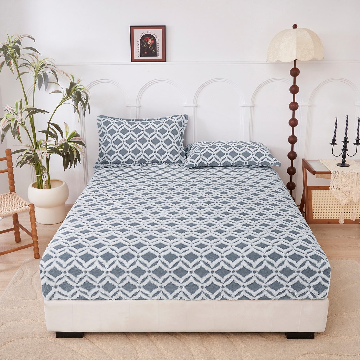 91家纺网 家纺一手货源 找家纺 云玲时尚 2025新款阳离子塔芙绒床笠 菱格灰