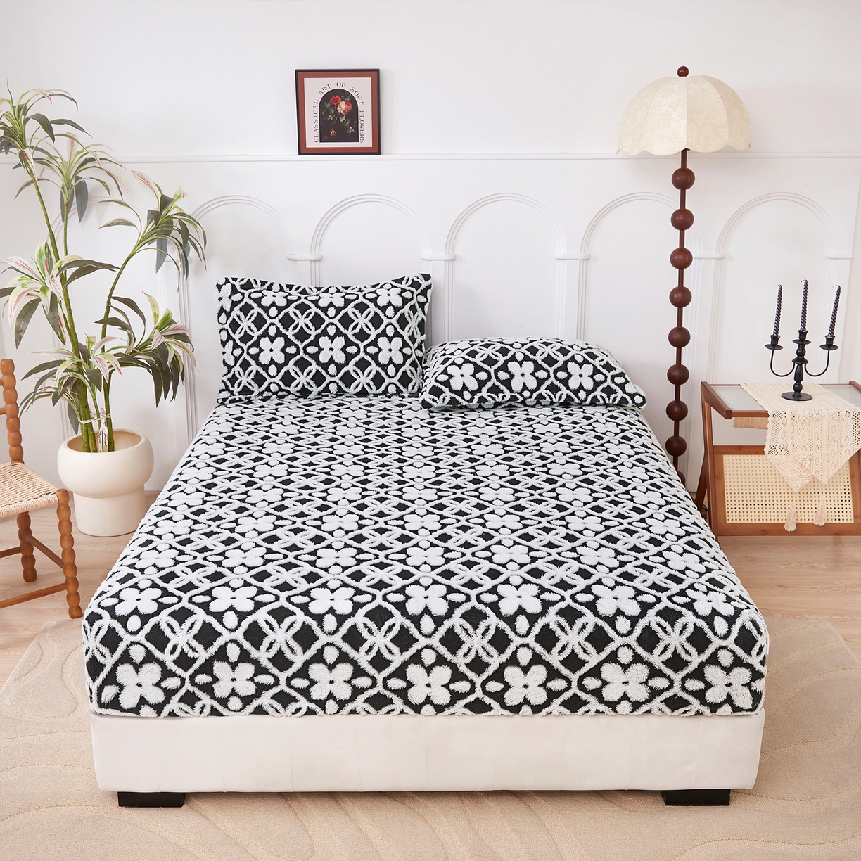 91家纺网 家纺一手货源 找家纺 云玲时尚 2025新款阳离子塔芙绒床笠 山茶黑