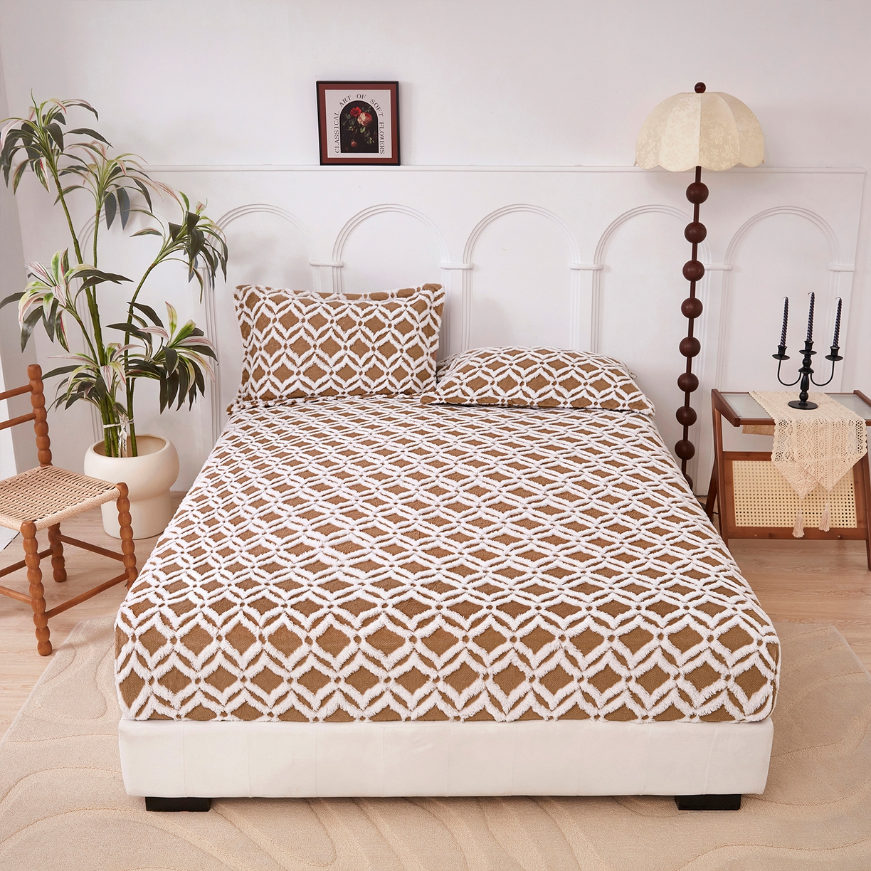 91家纺网 家纺一手货源 找家纺 云玲时尚 2025新款阳离子塔芙绒床笠 菱格深咖