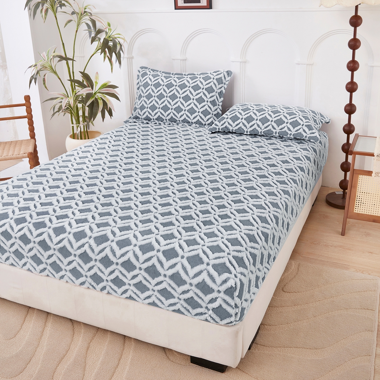 91家纺网 家纺一手货源 找家纺 云玲时尚 2025新款阳离子塔芙绒床笠 菱格灰