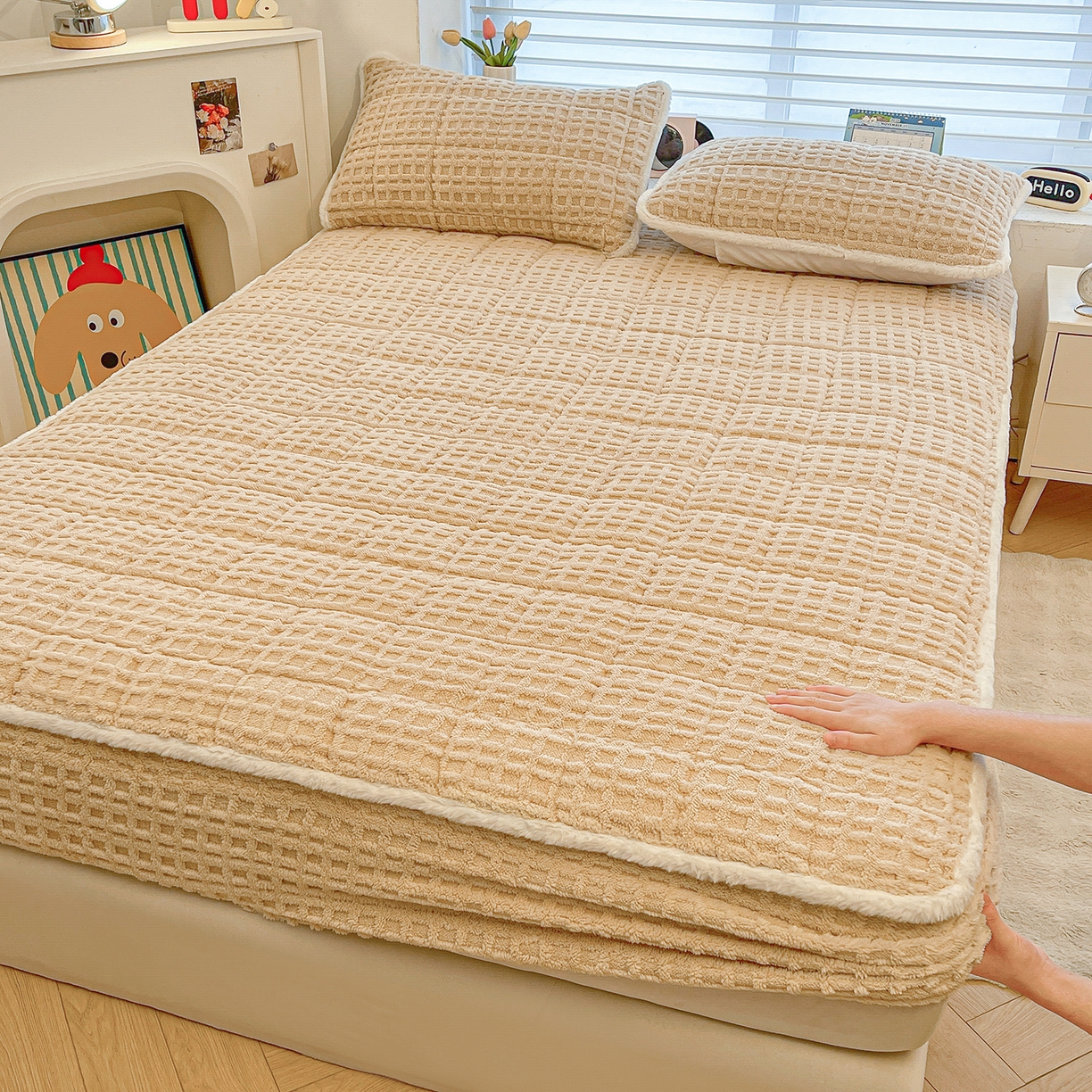 予梦家纺 2025新款塔芙绒加厚夹棉床笠床垫保护套 星梦格 卡其