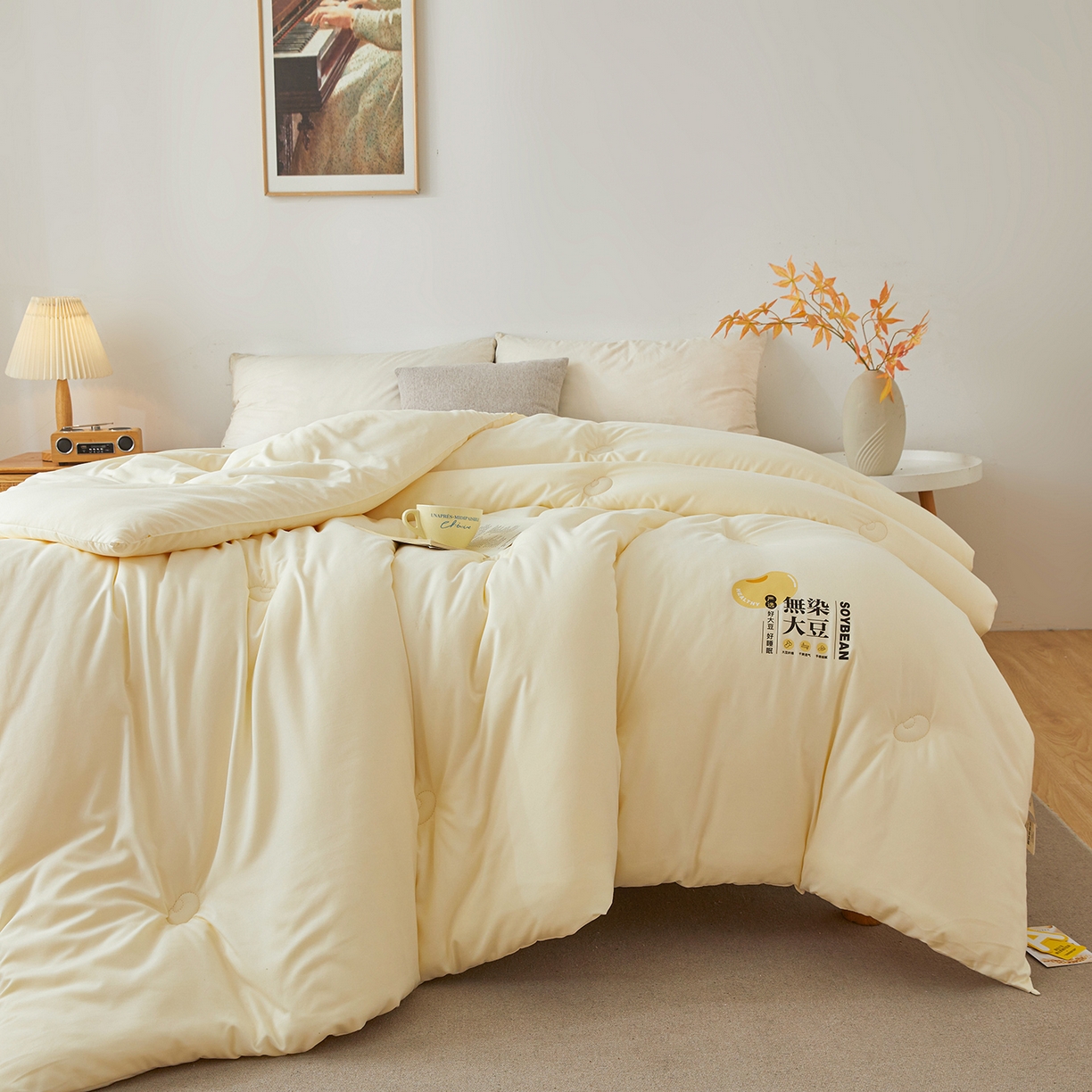 91家纺网 家纺一手货源 找家纺 上学郎家居 2025新款A类无染水洗棉大豆被子被芯 无染大豆 米黄