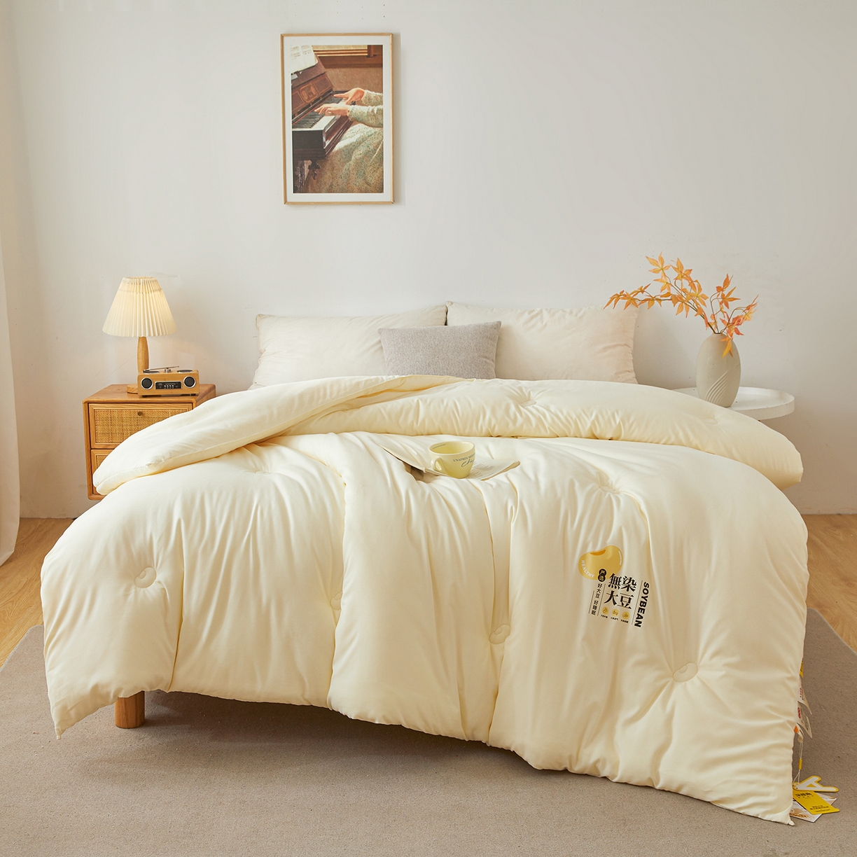 91家纺网 家纺一手货源 找家纺 上学郎家居 2025新款A类无染水洗棉大豆被子被芯 无染大豆 米黄