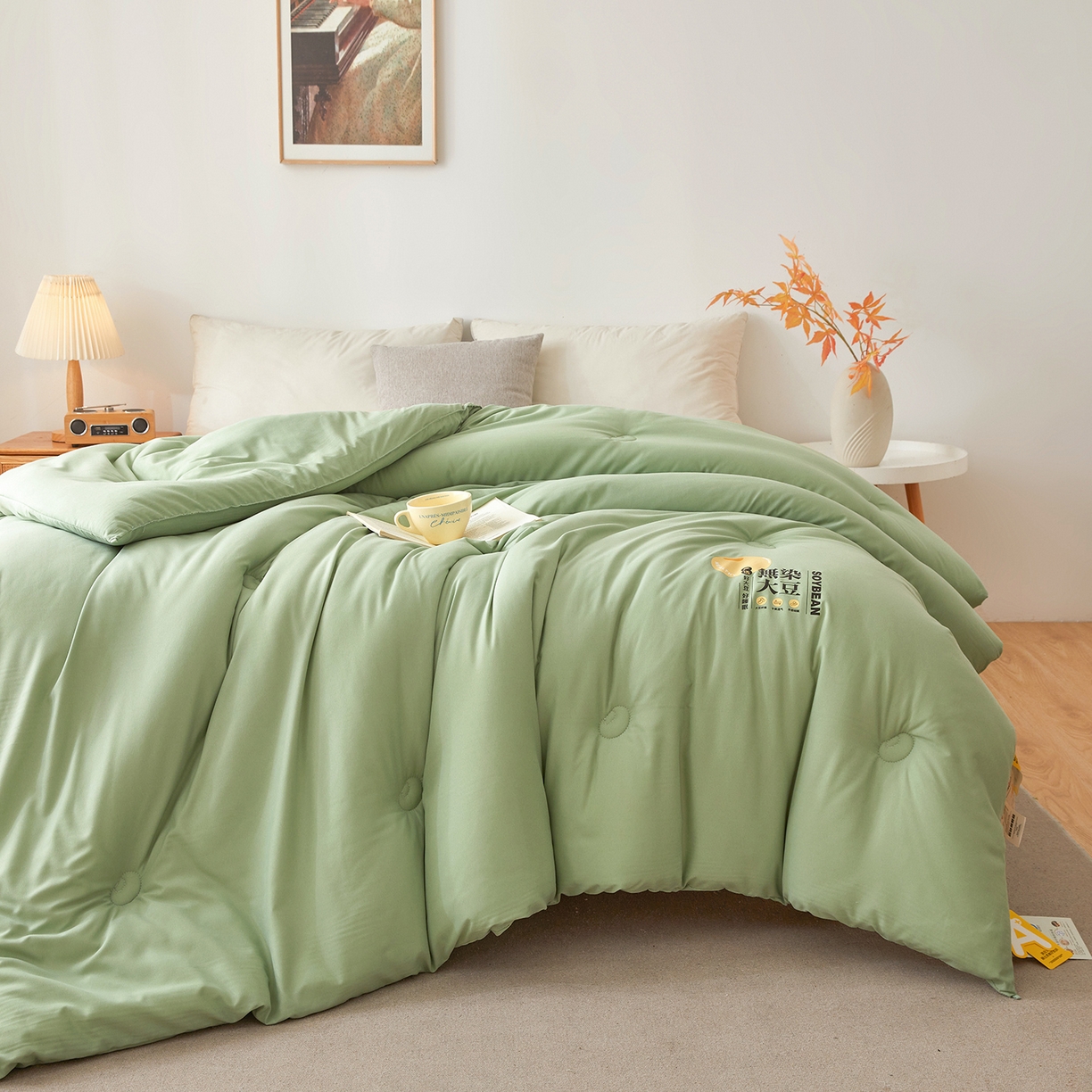 91家纺网 家纺一手货源 找家纺 上学郎家居 2025新款A类无染水洗棉大豆被子被芯 无染大豆 橄榄绿
