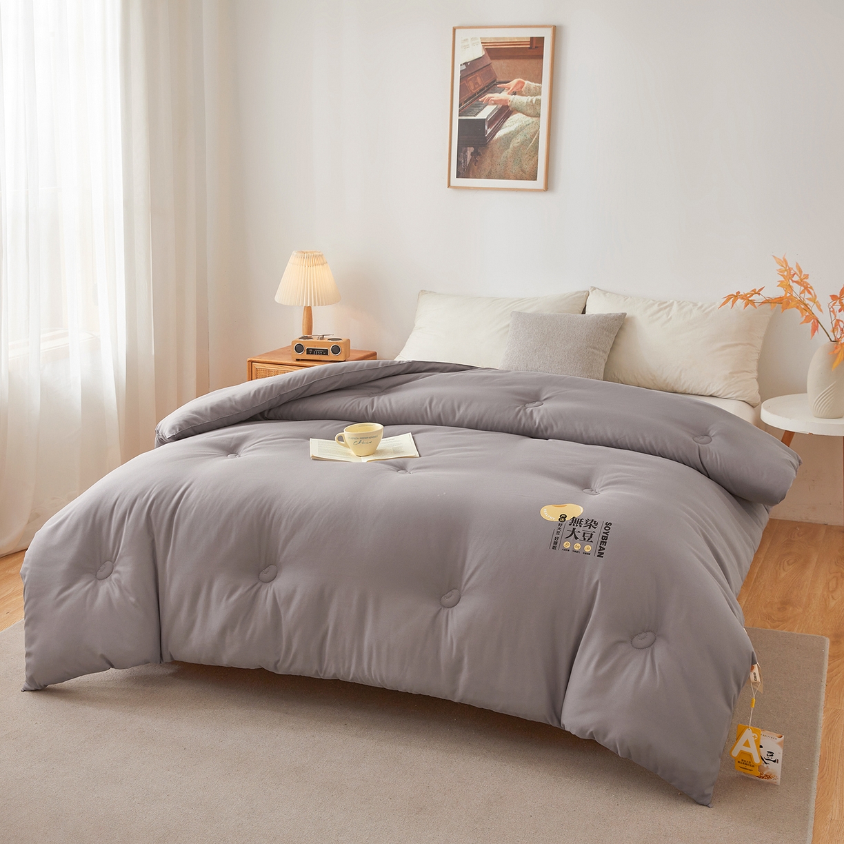 91家纺网 家纺一手货源 找家纺 上学郎家居 2025新款A类无染水洗棉大豆被子被芯 无染大豆 浅灰