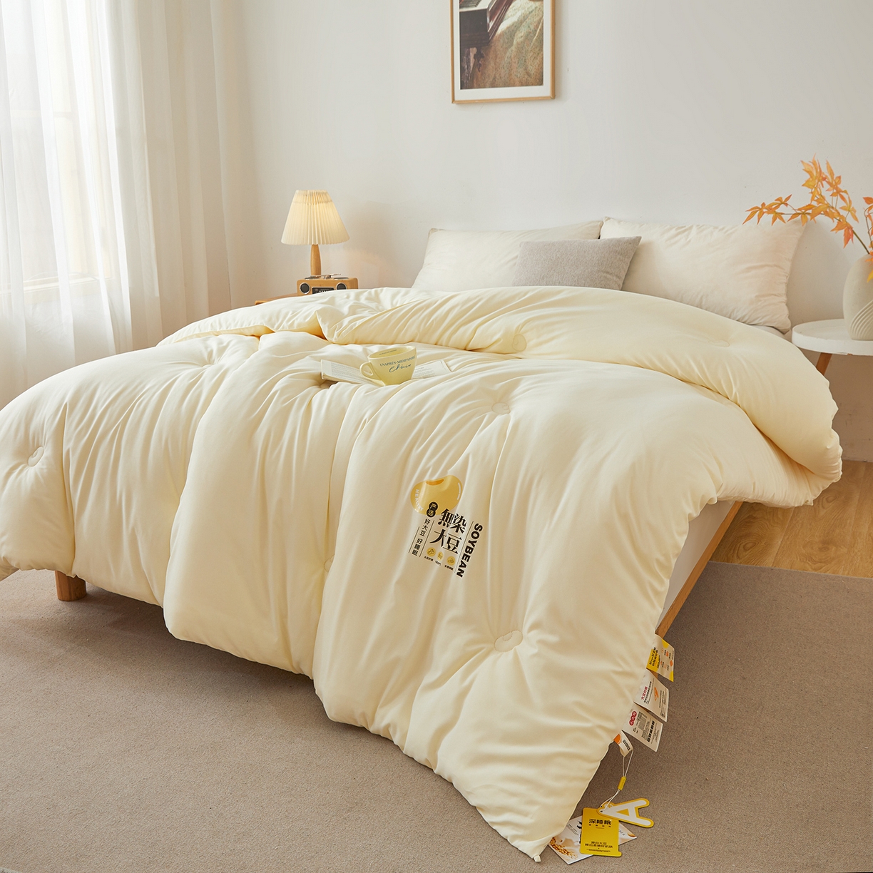 91家纺网 家纺一手货源 找家纺 上学郎家居 2025新款A类无染水洗棉大豆被子被芯 无染大豆 米黄