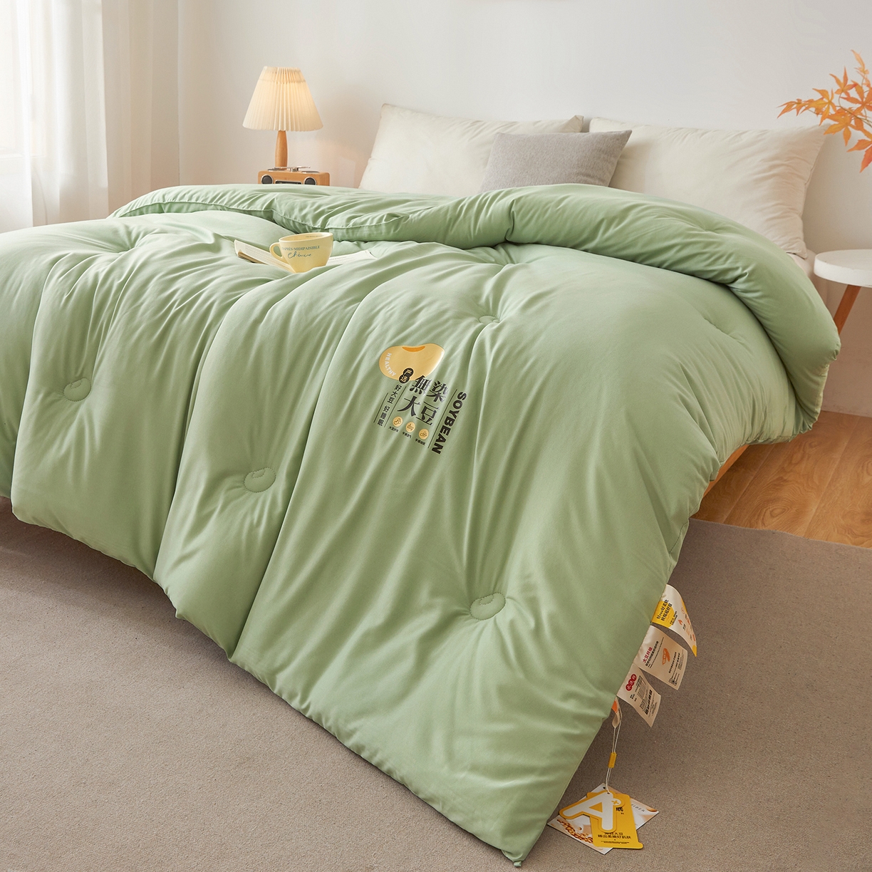 91家纺网 家纺一手货源 找家纺 上学郎家居 2025新款A类无染水洗棉大豆被子被芯 无染大豆 橄榄绿