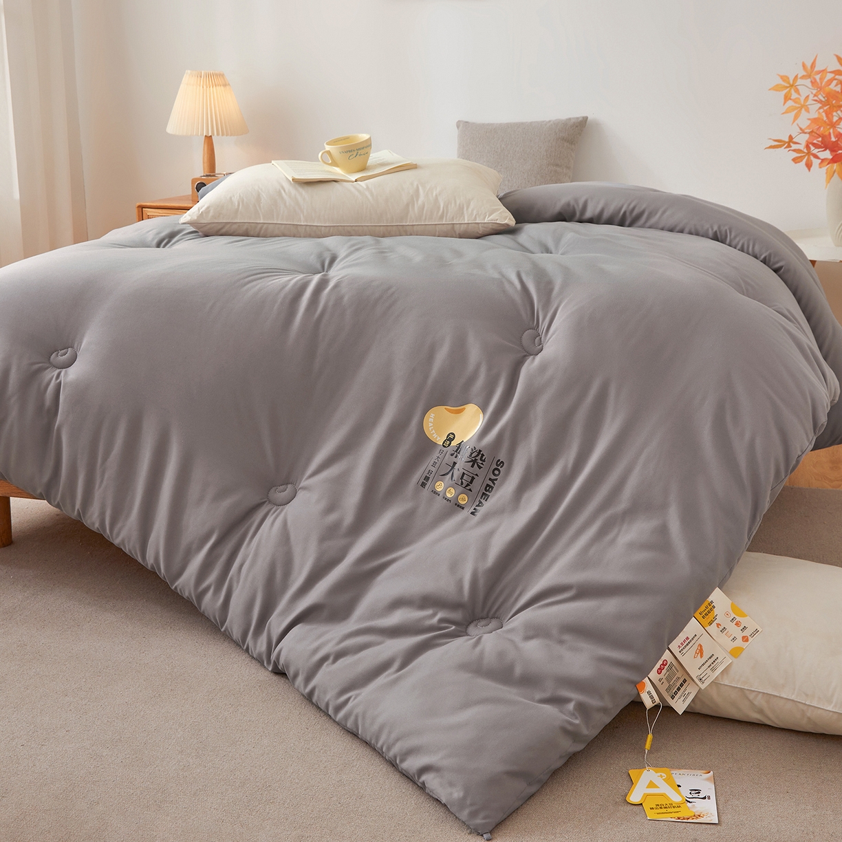 91家纺网 家纺一手货源 找家纺 上学郎家居 2025新款A类无染水洗棉大豆被子被芯 无染大豆 浅灰
