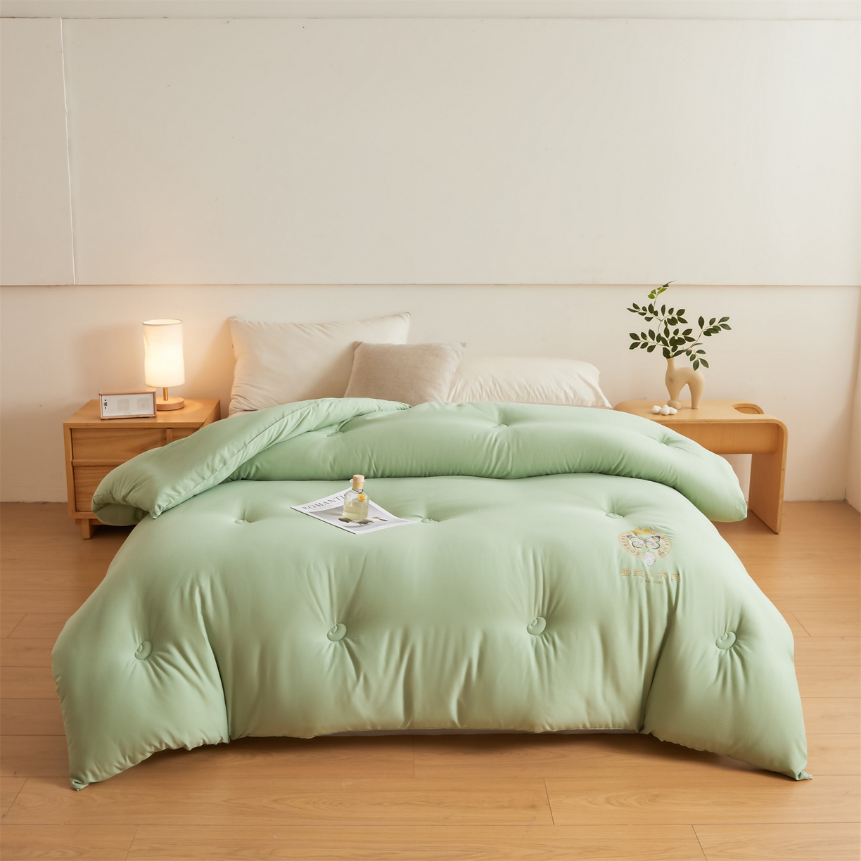 91家纺网 家纺一手货源 找家纺 上学郎家居 2025新款水洗棉大豆被子被芯-蝶舞 蝶舞大豆-青果绿