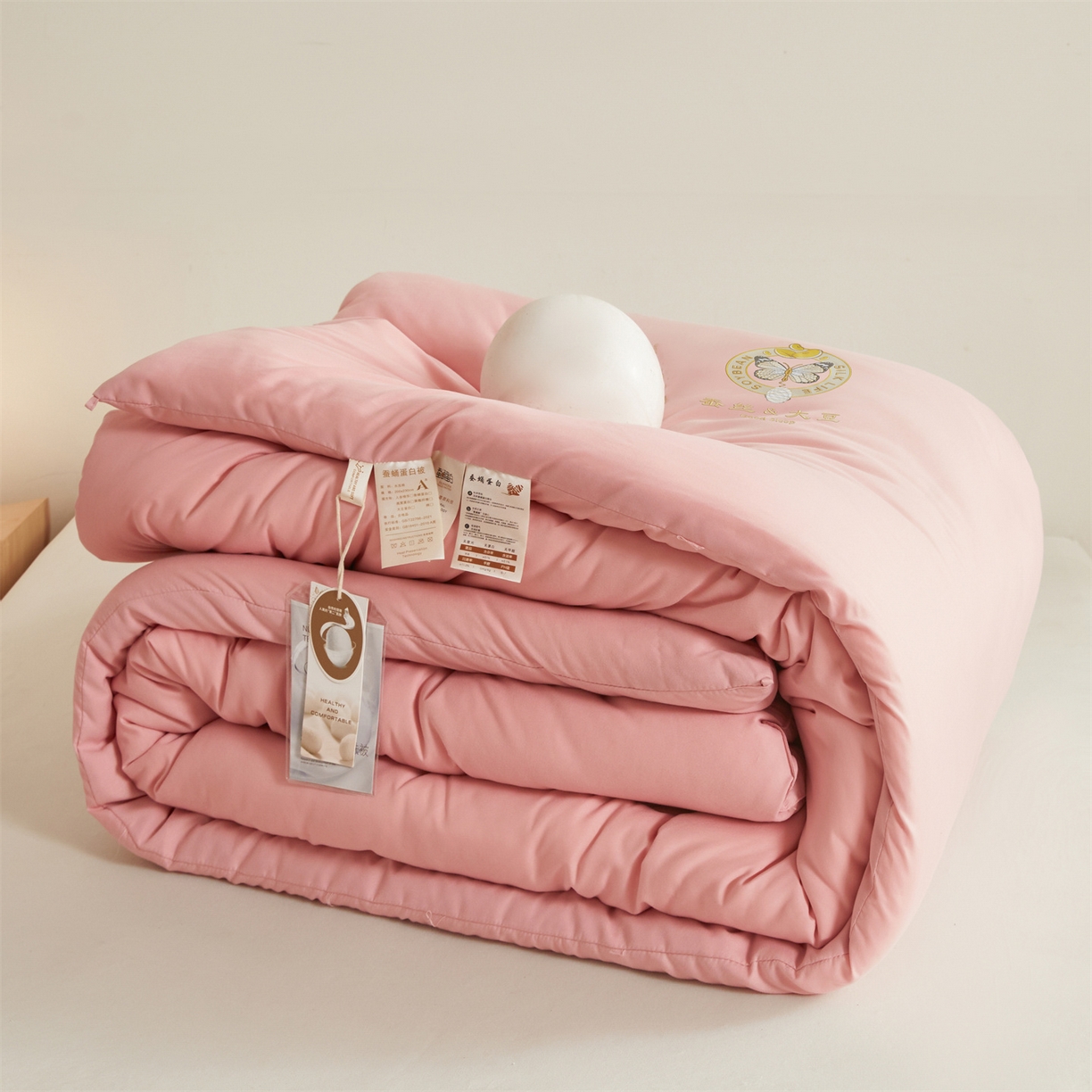 91家纺网 家纺一手货源 找家纺 上学郎家居 2025新款水洗棉大豆被子被芯-蝶舞 蝶舞大豆-豆沙粉