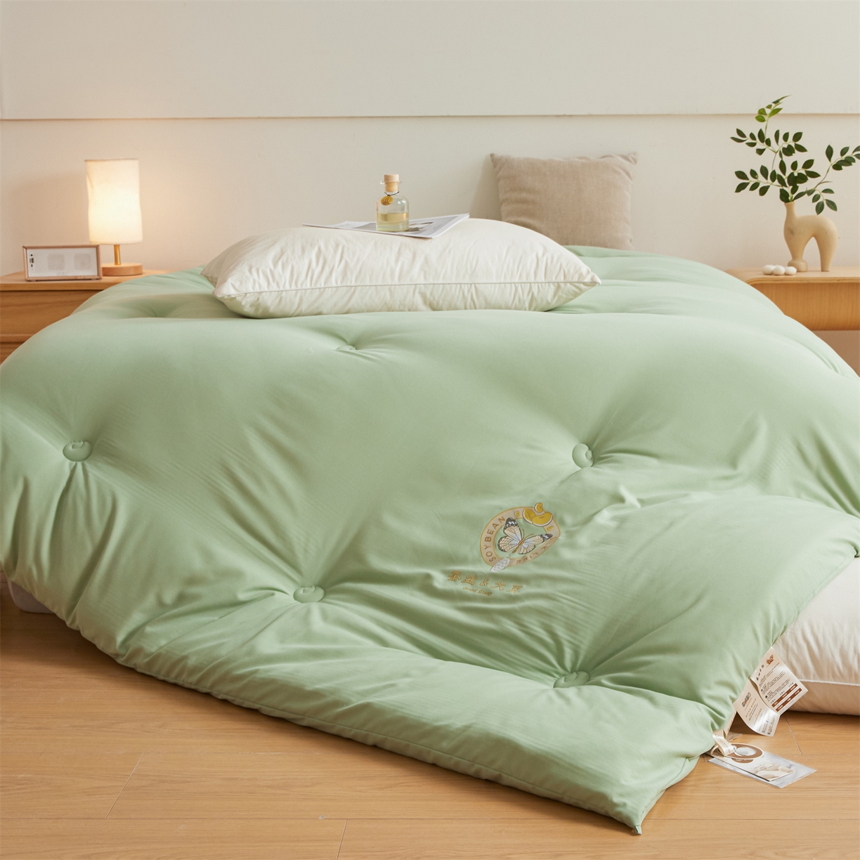 91家纺网 家纺一手货源 找家纺 上学郎家居 2025新款水洗棉大豆被子被芯-蝶舞 蝶舞大豆-青果绿