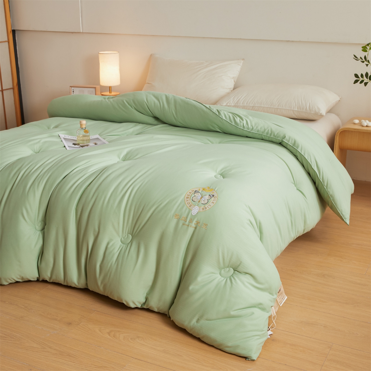 91家纺网 家纺一手货源 找家纺 上学郎家居 2025新款水洗棉大豆被子被芯-蝶舞 蝶舞大豆-青果绿