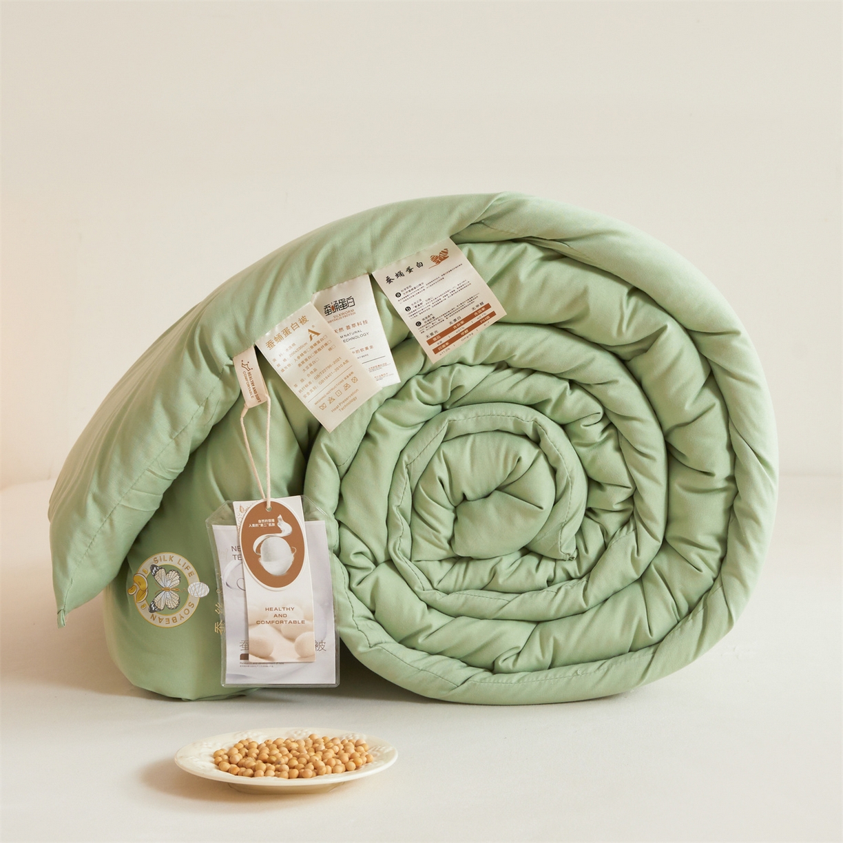 91家纺网 家纺一手货源 找家纺 上学郎家居 2025新款水洗棉大豆被子被芯-蝶舞 蝶舞大豆-青果绿
