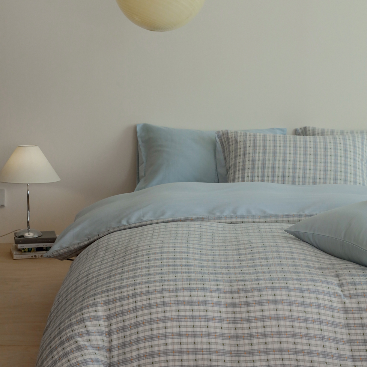 91家纺网 家纺一手货源 找家纺 小春日和 2025新款全棉双层纱A类母婴四件套纯棉提花纱布床上用品四件套纯色床单亲肤被套民宿套件1.8床笠 叙言-蓝