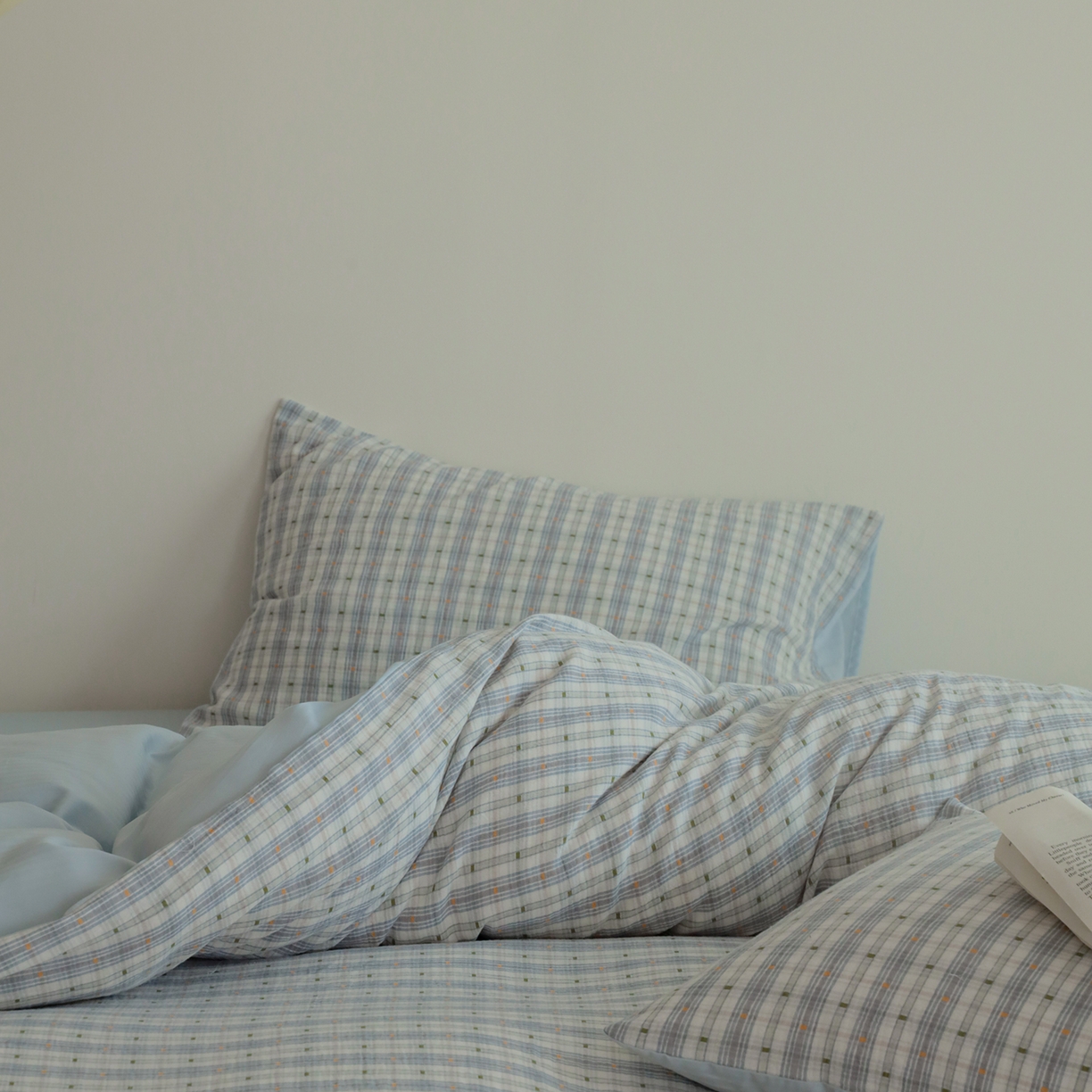 91家纺网 家纺一手货源 找家纺 小春日和 2025新款全棉双层纱A类母婴四件套纯棉提花纱布床上用品四件套纯色床单亲肤被套民宿套件1.8床笠 叙言-蓝