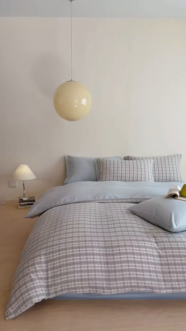 91家纺网 家纺一手货源 找家纺 小春日和 2025新款全棉双层纱A类母婴四件套纯棉提花纱布床上用品四件套纯色床单亲肤被套民宿套件1.8床笠 叙言-蓝