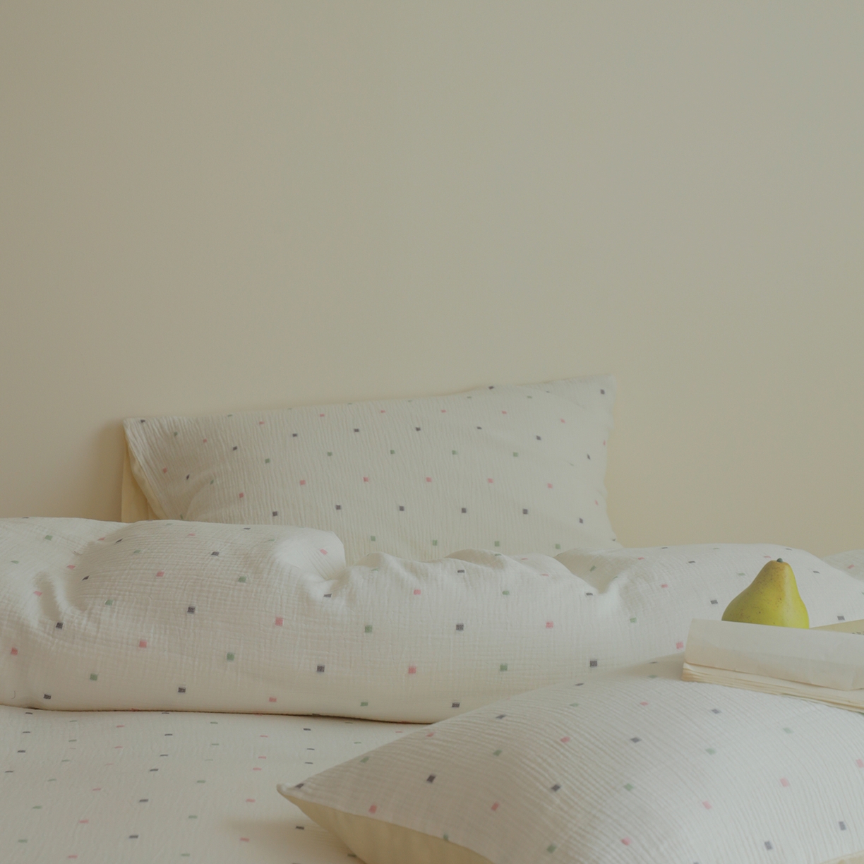 91家纺网 家纺一手货源 找家纺 小春日和 2025新款全棉双层纱A类母婴四件套纯棉提花纱布床上用品四件套纯色床单亲肤被套民宿套件1.8床笠 叙言-山雾