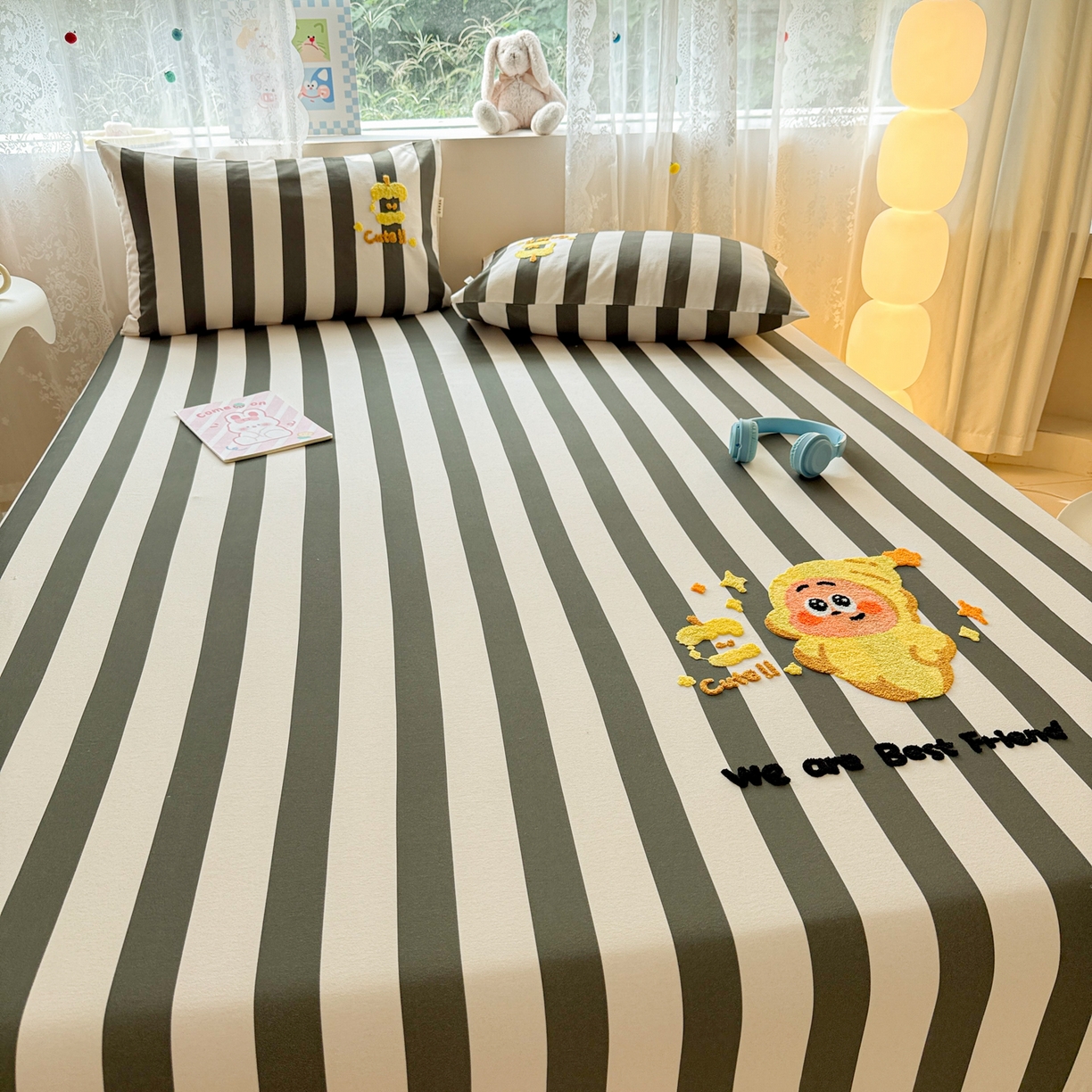 91家纺网 家纺一手货源 找家纺 沐辰 2025新款A类全棉磨毛绣花单品床单床笠 星星人条纹-床笠