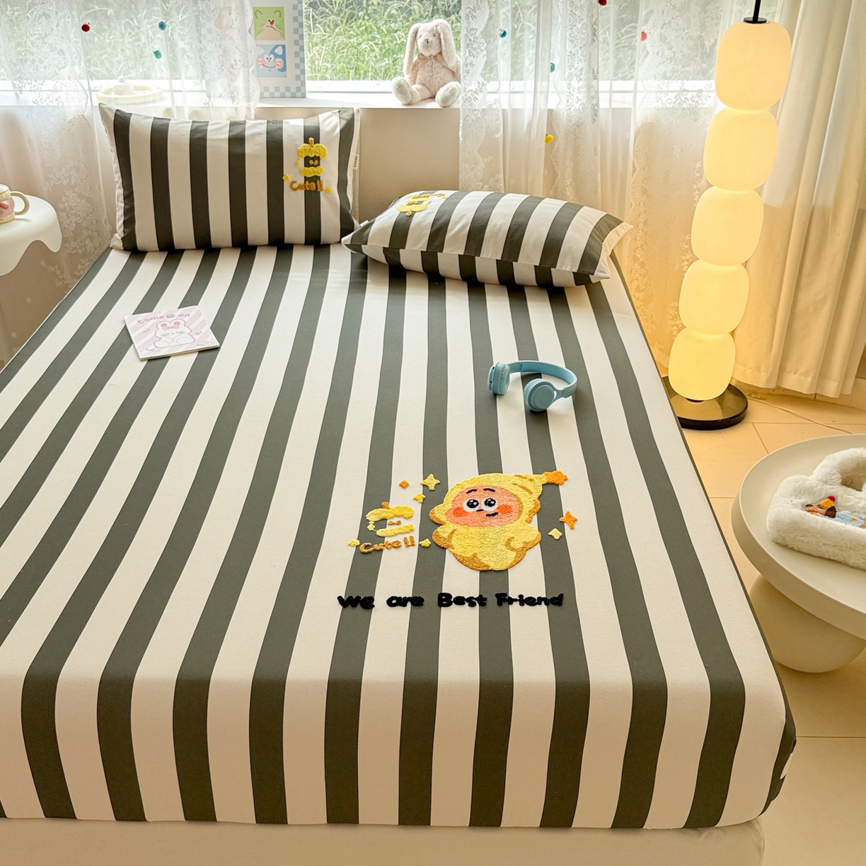 91家纺网 家纺一手货源 找家纺 沐辰 2025新款A类全棉磨毛绣花单品床单床笠 星星人条纹-床笠