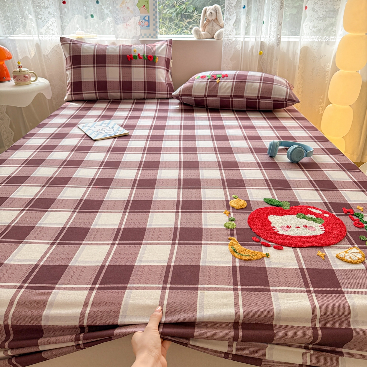 91家纺网 家纺一手货源 找家纺 沐辰 2025新款A类全棉磨毛绣花单品床单床笠 水果猫咪-床笠